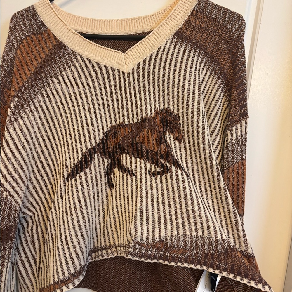 Cider Brown and Cream V-Neck Equestrian Sweater